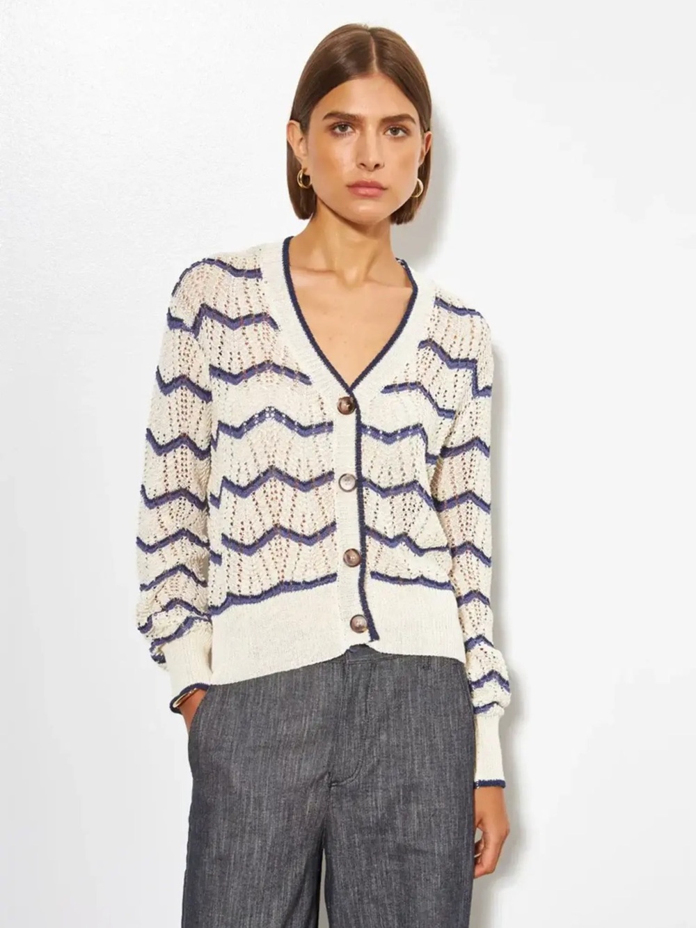 NWT LINE ($175) Willow Cardigan - Beach Cove Ivory and Navy V-Neck